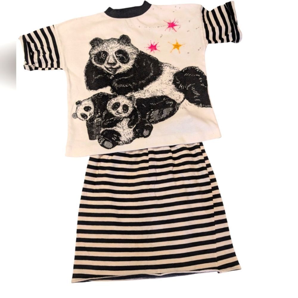 Girls Vintage Black & White Striped‎ Panda Bear Glitter Skirt Set Outfit Sz 7
